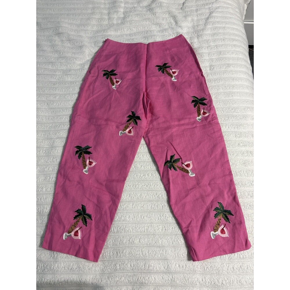 CJ Laing 100% Linen Pink Embroidered Palm Tree Daquiri Cropped Pants Wm Sz 6